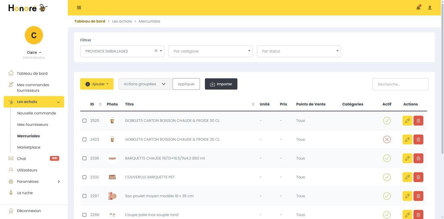 Mercuriales dans Honoré Gestion : produits habituels par fournisseur et par point de vente