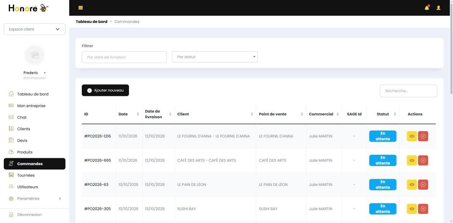Liste des commandes fournisseur dans Honoré Gestion avec statut en temps réel