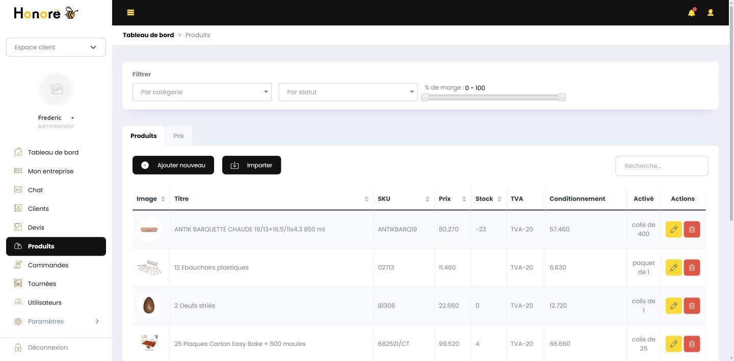 Catalogue produits fournisseur avec prix, stock et conditionnement dans Honoré Gestion