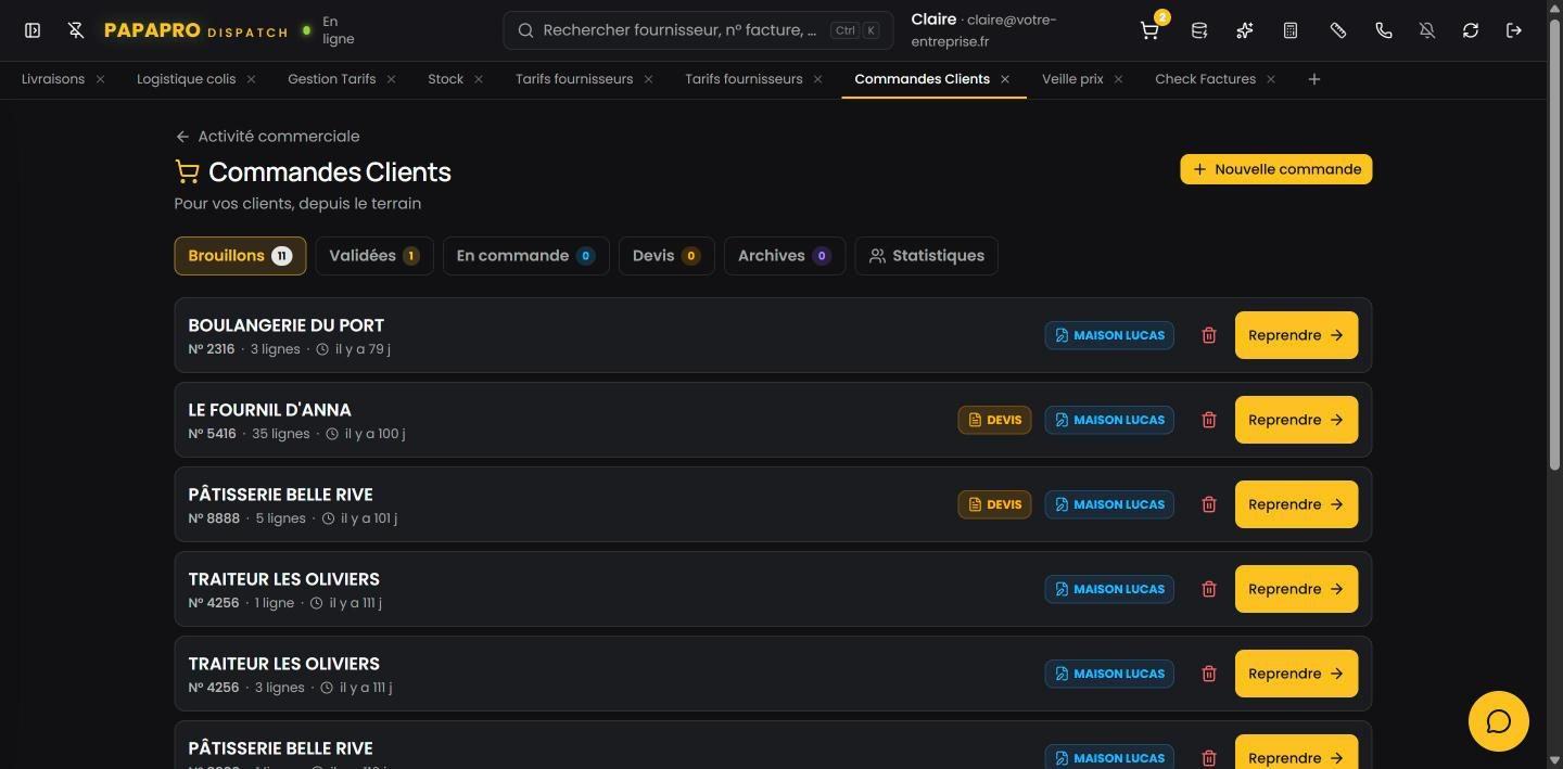 Commandes clients PapaPro par statut, reprises depuis le terrain