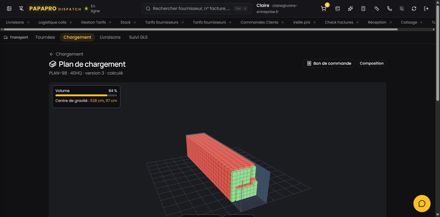 Plan de chargement 3D d’un conteneur dans PapaPro