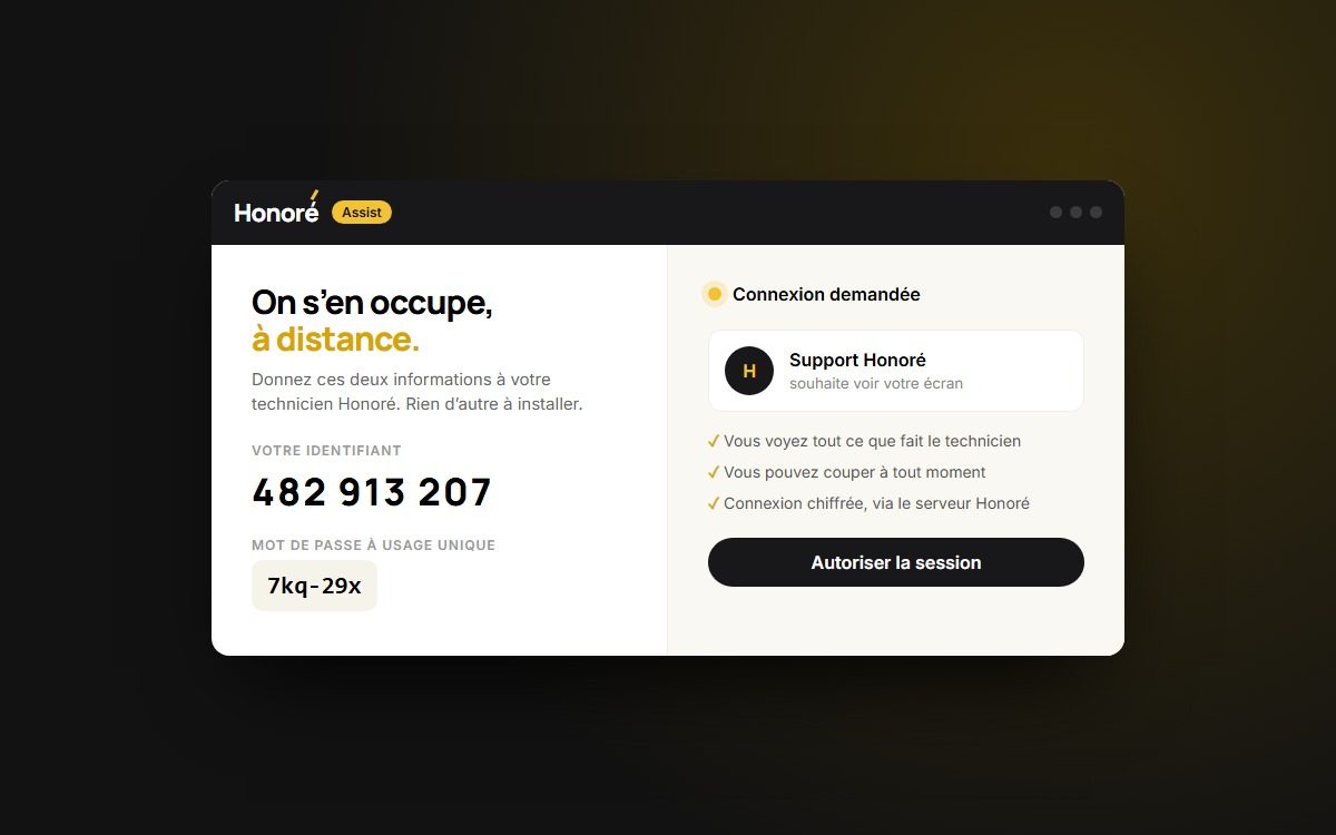 Écran d’Honoré Assist : identifiant et mot de passe à usage unique pour une session d’assistance