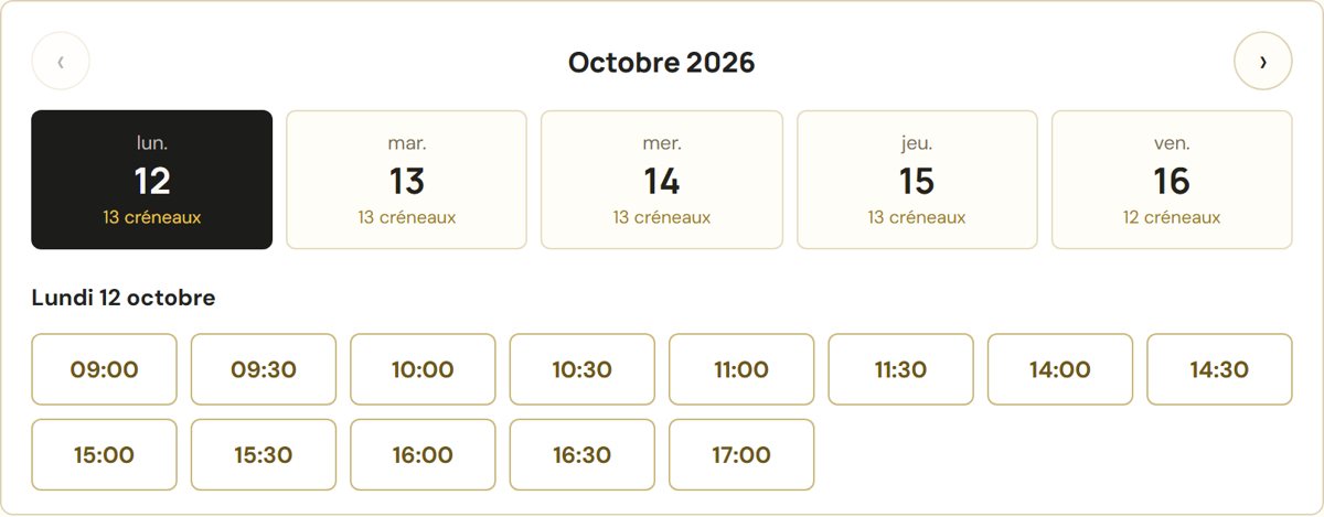 Capture d’Honoré Calendar : choix d’un jour et d’un créneau de rendez-vous