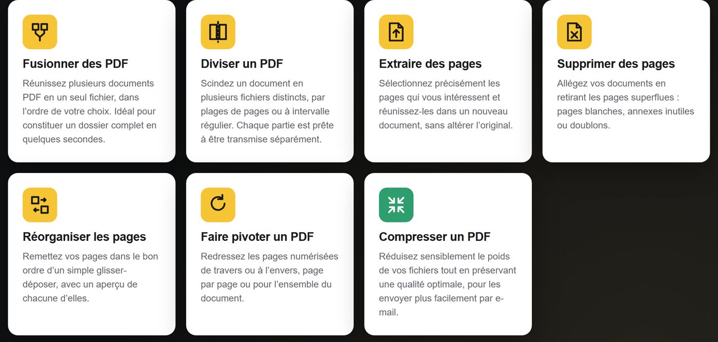 Capture d’Honoré PDF : outils pour fusionner, diviser, extraire et compresser des PDF