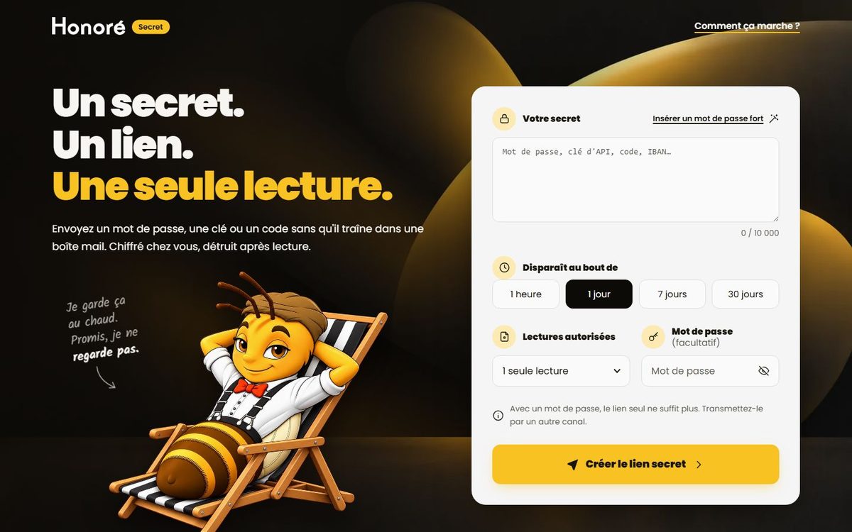 Capture d’Honoré Secret : partage d’un mot de passe par lien à lecture unique