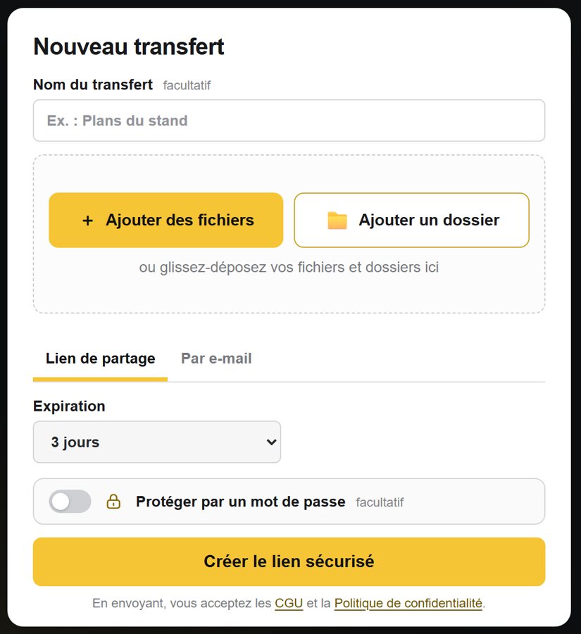 Capture d’Honoré Transfert : formulaire d’envoi de fichiers par lien sécurisé