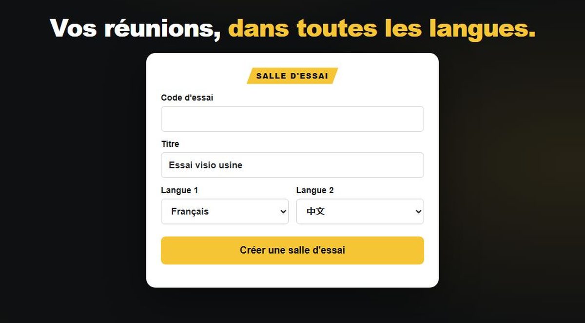 Capture d’Honoré Visio : création d’une réunion traduite entre deux langues
